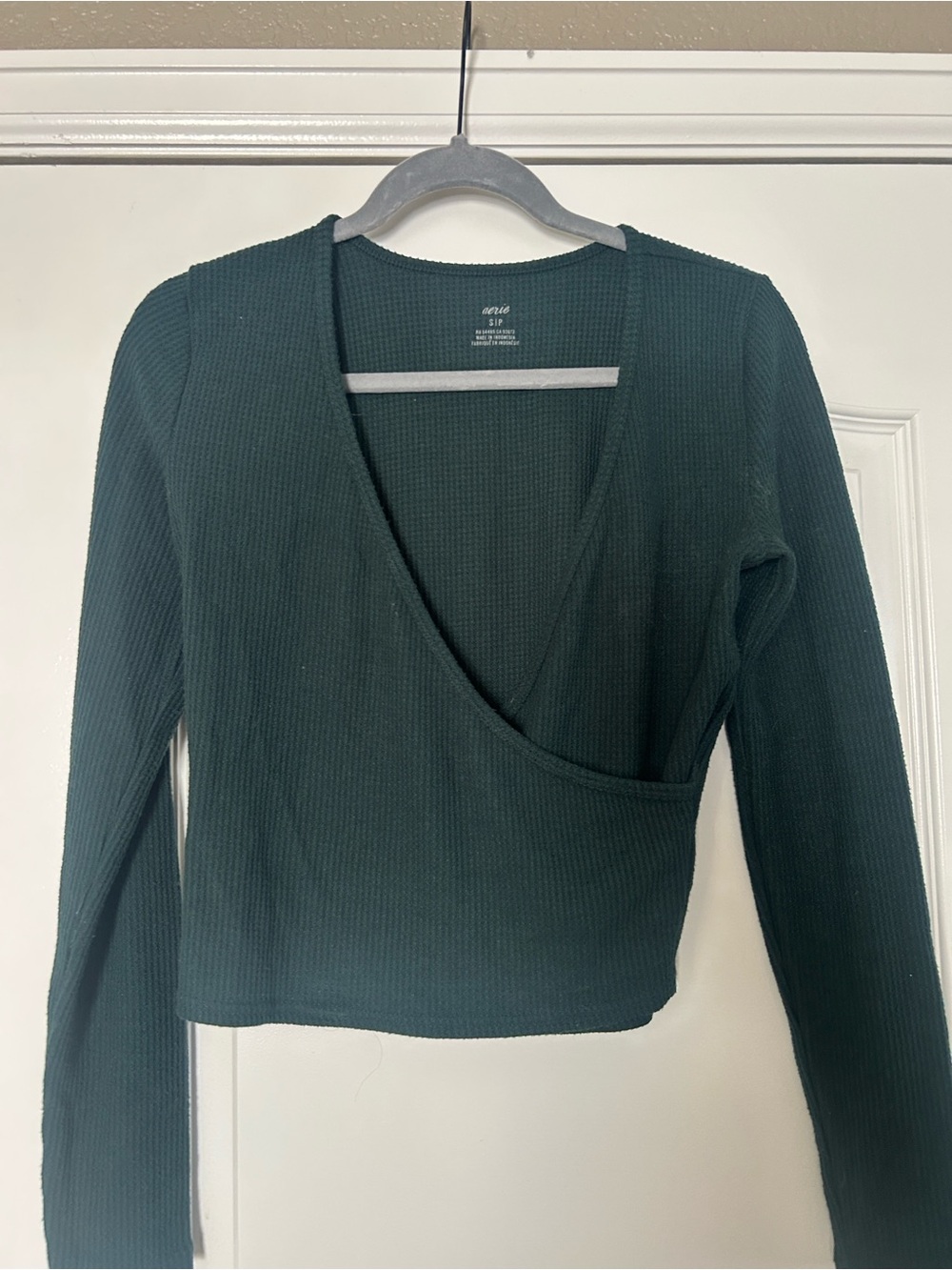 aerie Forest Green Ribbed Wrap-Front Long Sleeve Top